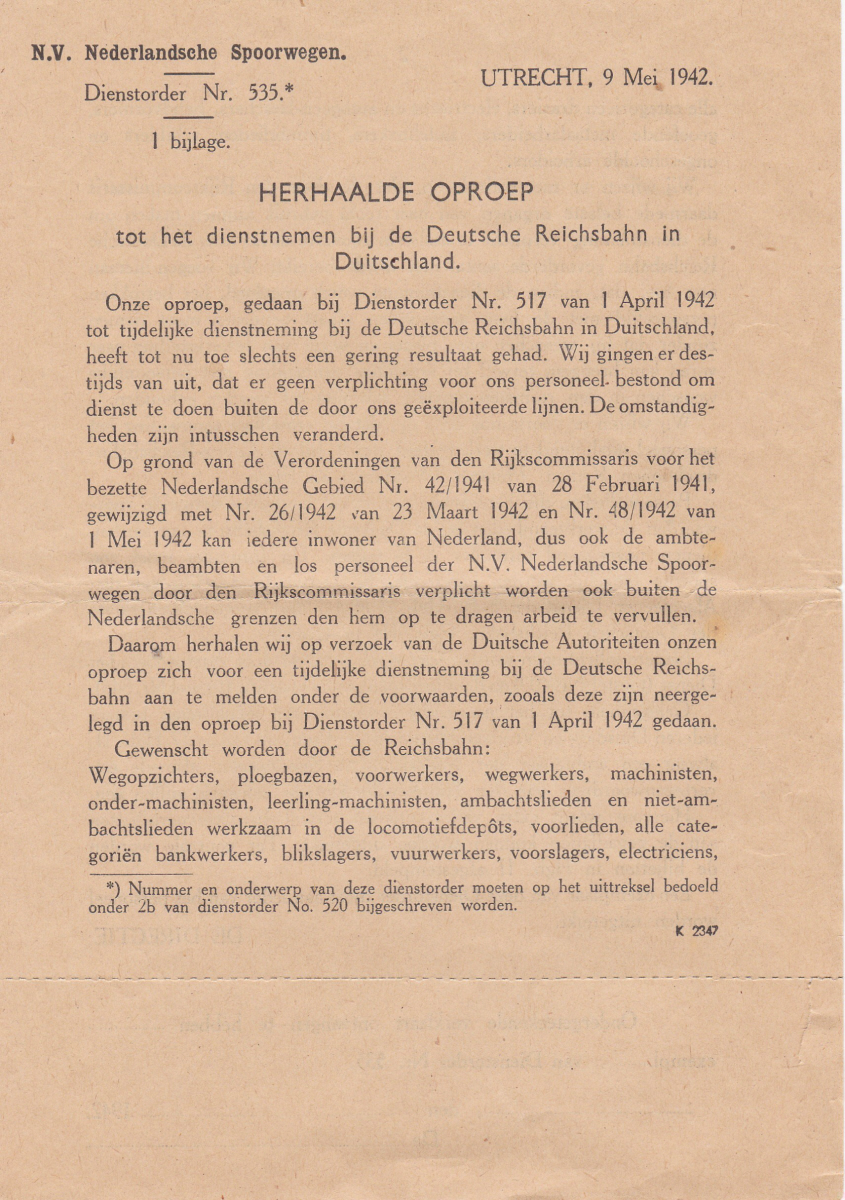 Dienstorder no 535* : HERHAALDE OPROEP tot het dienst nemen bij de Deutsche Reichsbahn in Duitschland - Utrecht, 9 Mei 1942