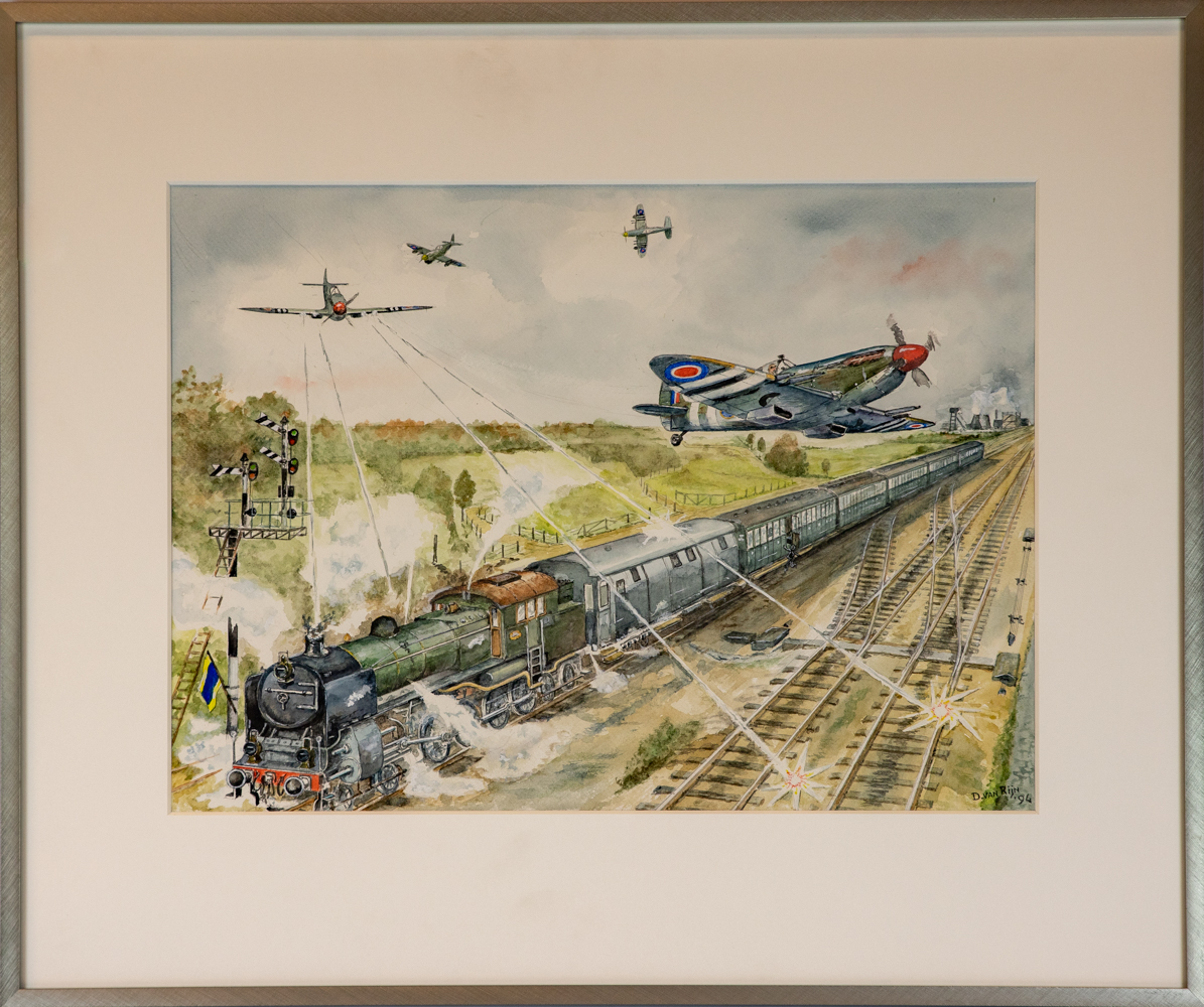 Luchtaanval door gealllieerde jachtvliegtuigen op een trein anno 1944
