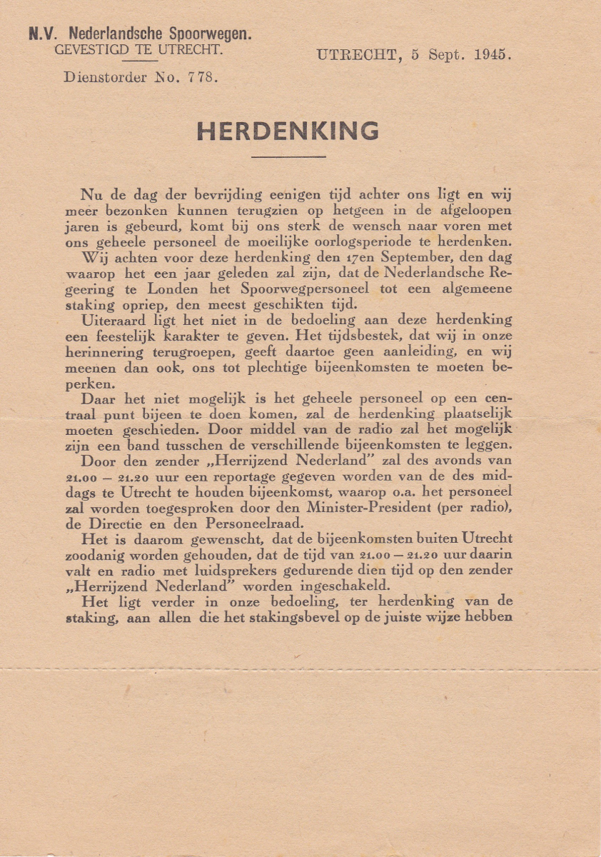 Dienstorder no. 778 : Herdenking - Utrecht, 5 sept. 1945