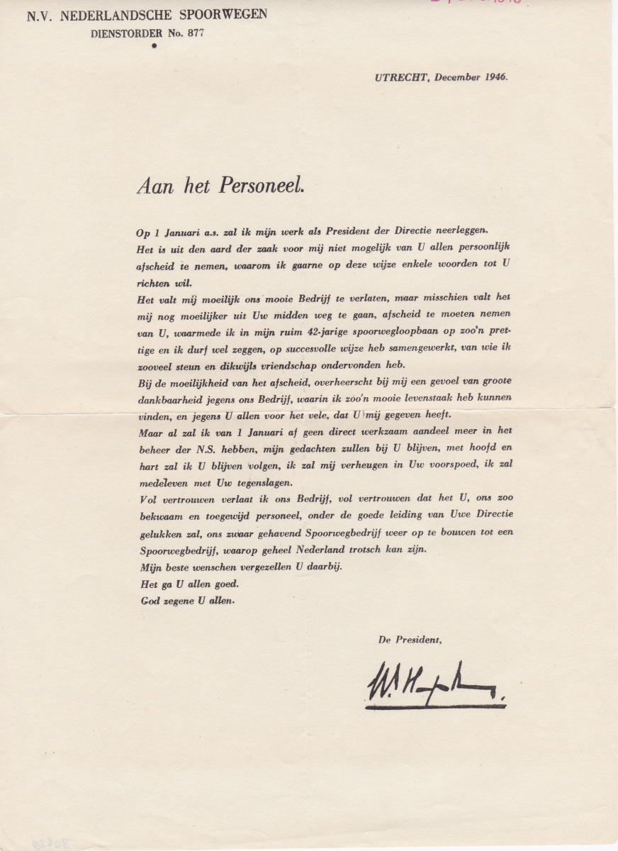 Dienstorder No. 877, afscheidsbrief van Hupkes als President der Directie