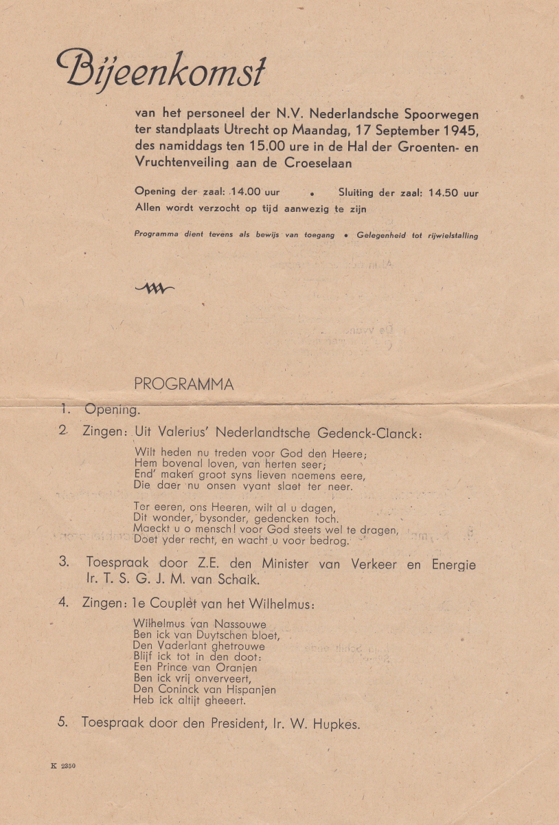 Programma van een bijeenkomst van het personeel van de Nederlandse Spoorwegen op 17 september 1945