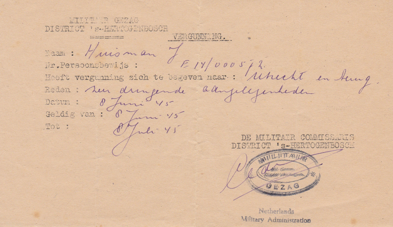 Huisman heeft verginning zich van en naar Utrecht te begeven tussen 8 juni en 8 juli 1945