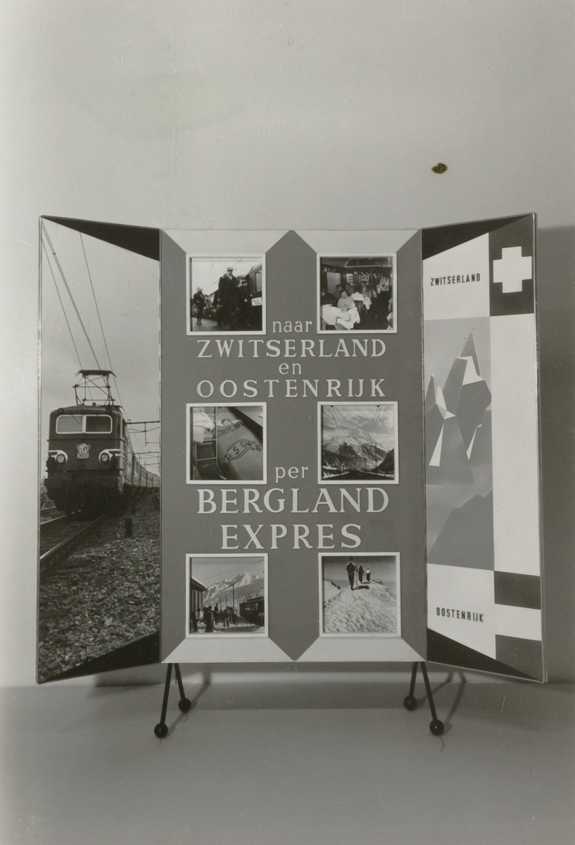 Een reclame-uiting voor reizen per trein naar Zwitserland en Oostenrijk met de Bergland Expres