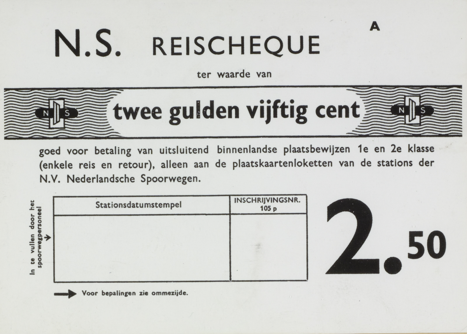 Een reischeque van de Nederlandse Spoorwegen van twee gulden vijftig