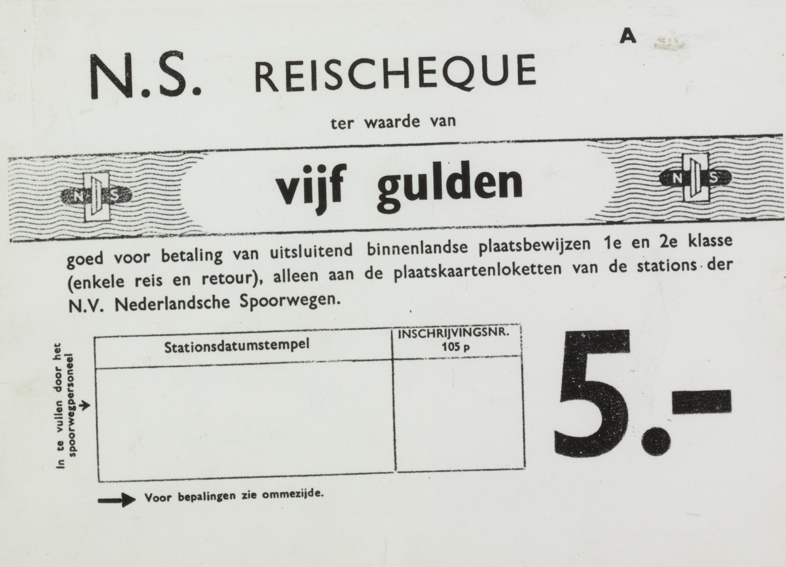 Een reischeque van de Nederlandse Spoorwegen van vijf gulden
